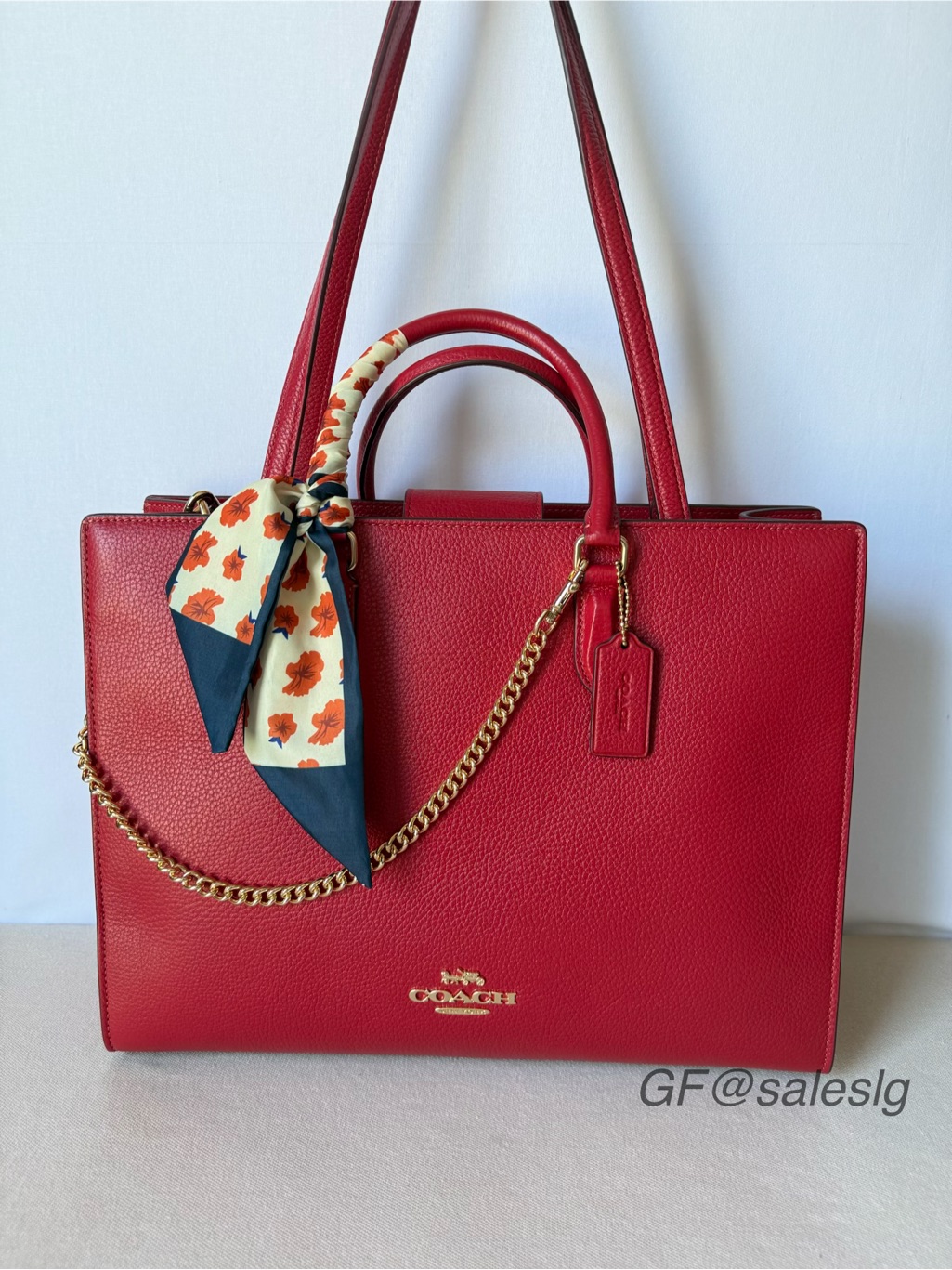 Nwt Coach Maggie Tote True Red Large Complete Styled Set (Bag + Chain + Scarf)